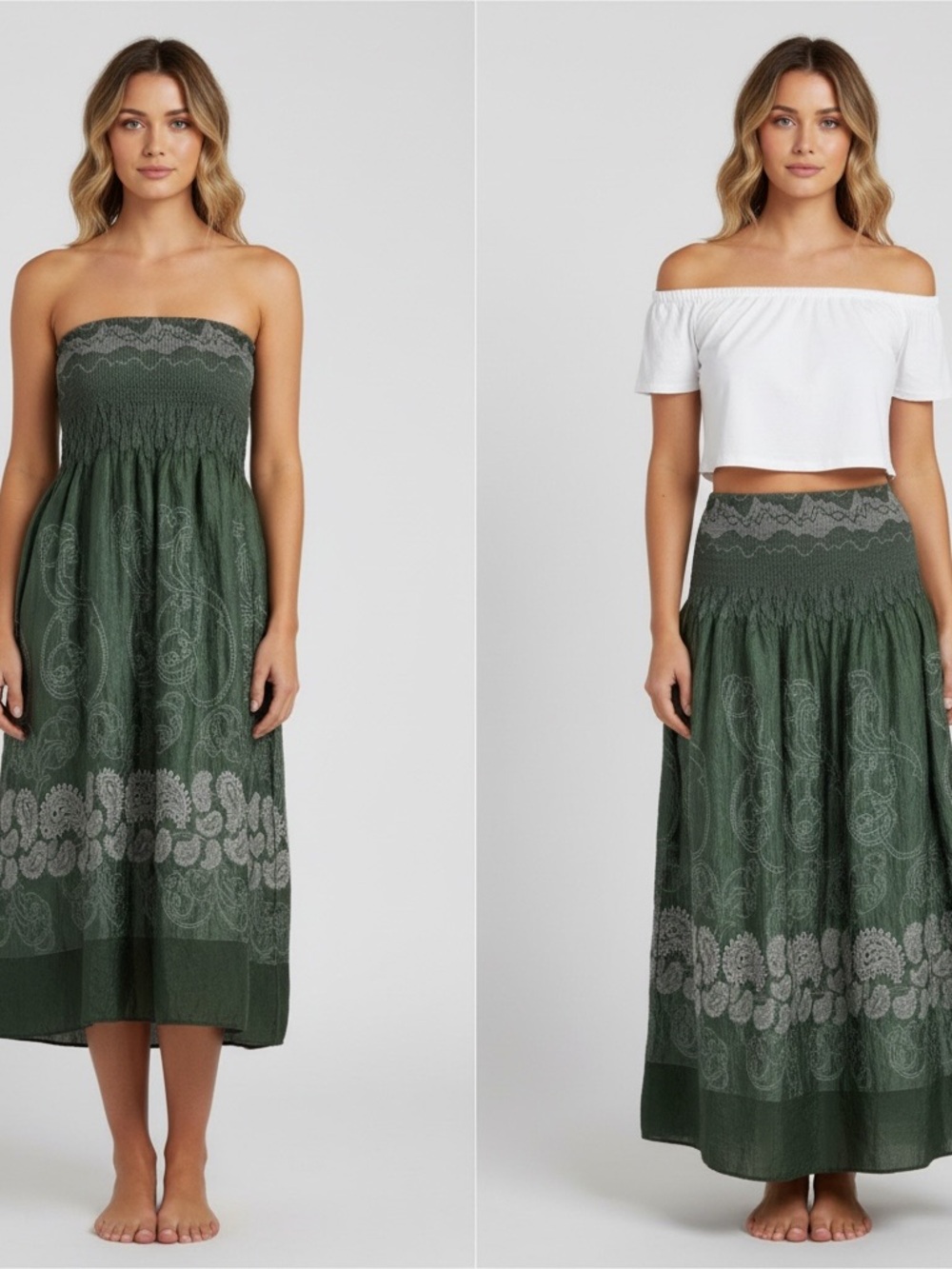 Lapis | Green paisley bohemian medallion skirt or strapless dress large